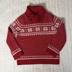 Tahari Boy's Red Fair Isle Pullover Ski Sweater Size 5 6 Red Snowflake Winter